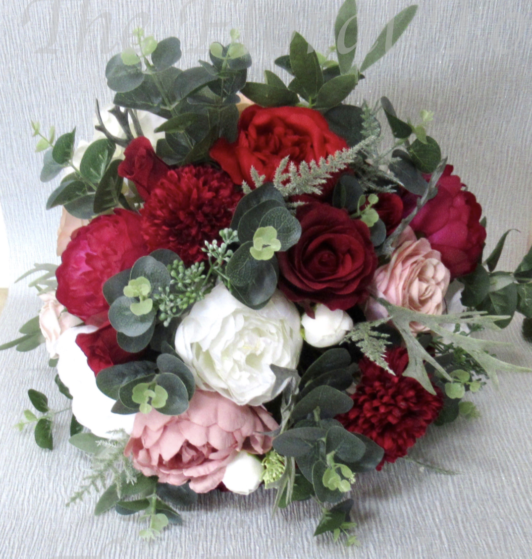 red, burgundy dusky pink and ivory wedding bouquet, Red, Pink, Burgundy & Ivory wedding flowers, artificial wedding flowers